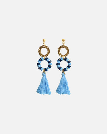 pendientes de acero inoxidable bañado en oro y borlas azules